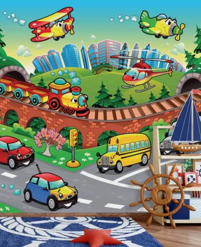 Carta da parati con auto in cartone animato