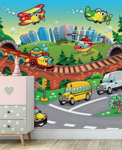 Carta da parati con auto in cartone animato