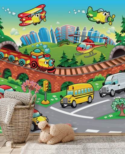 Carta da parati con auto in cartone animato