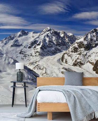 Papier Peint Fresque Montagnes enneigées et Ciel Bleu