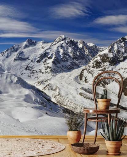 Papier Peint Fresque Montagnes enneigées et Ciel Bleu