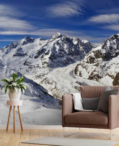 Papier Peint Fresque Montagnes enneigées et Ciel Bleu