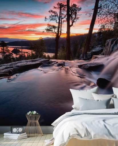 Papier Peint Fresque Cascade et Lac Rose et Bleu