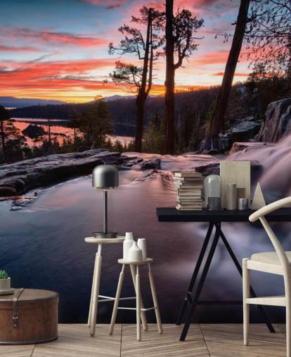 Papier Peint Fresque Cascade et Lac Rose et Bleu