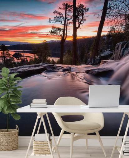 Decorazione murale con cascata e lago rosa e blu