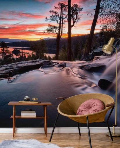 Decorazione murale con cascata e lago rosa e blu