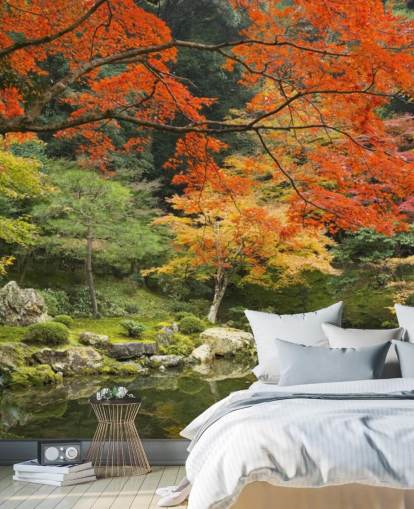 green and orange custom forest wallpaper mural called Autumn Woodland Colors for bedrooms