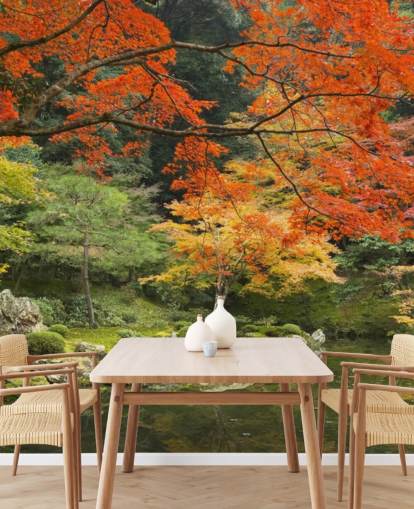 green and orange custom forest wallpaper mural called Autumn Woodland Colors for bedrooms