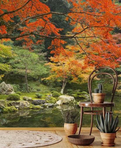 mural de papel de parede florestal personalizado em verde e laranja chamado Autumn Woodland Colors para quartos