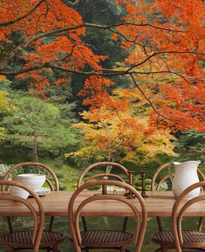 mural de papel pintado de bosque personalizado verde y naranja llamado Autumn Woodland Colours para dormitorios