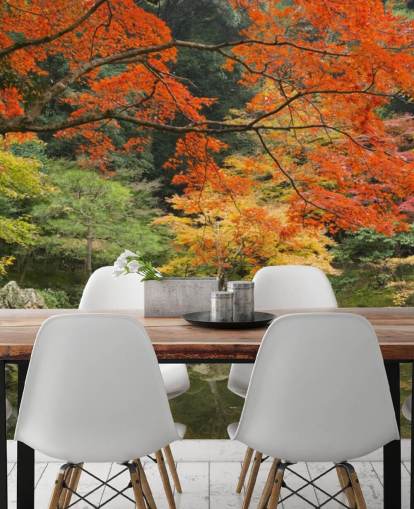 grøn og orange brugerdefineret skov tapetmaleri kaldet Autumn Woodland Colours til soveværelser