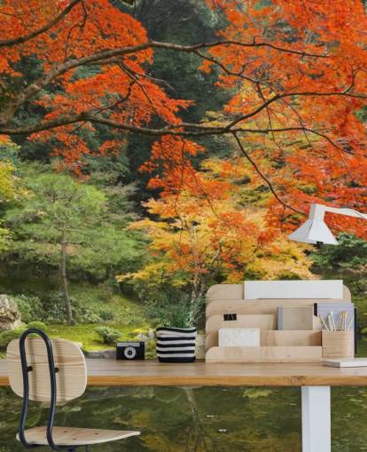 mural de papel pintado de bosque personalizado verde y naranja llamado Autumn Woodland Colours para dormitorios