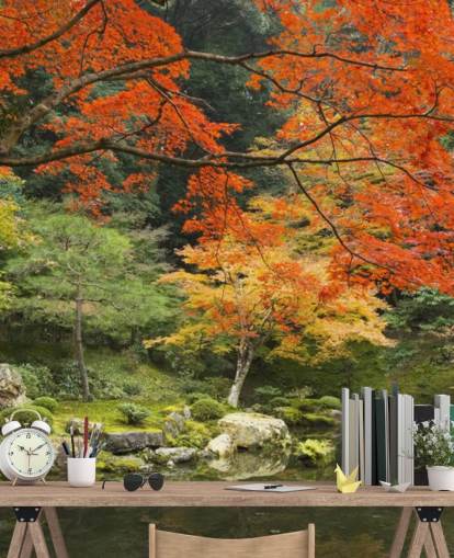 green and orange custom forest wallpaper mural called Autumn Woodland Colors for bedrooms