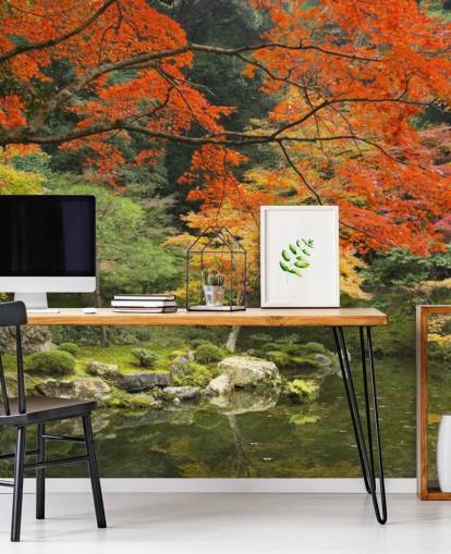 mural de papel pintado de bosque personalizado verde y naranja llamado Autumn Woodland Colours para dormitorios