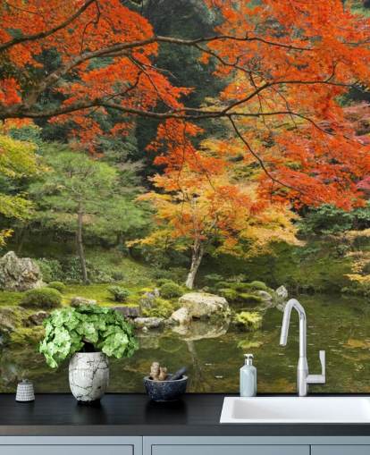 mural de papel pintado de bosque personalizado verde y naranja llamado Autumn Woodland Colours para dormitorios