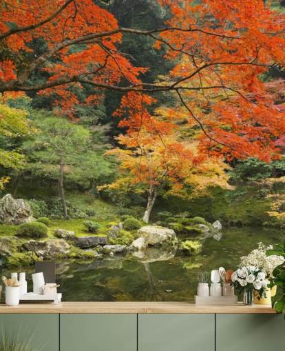 mural de papel pintado de bosque personalizado verde y naranja llamado Autumn Woodland Colours para dormitorios