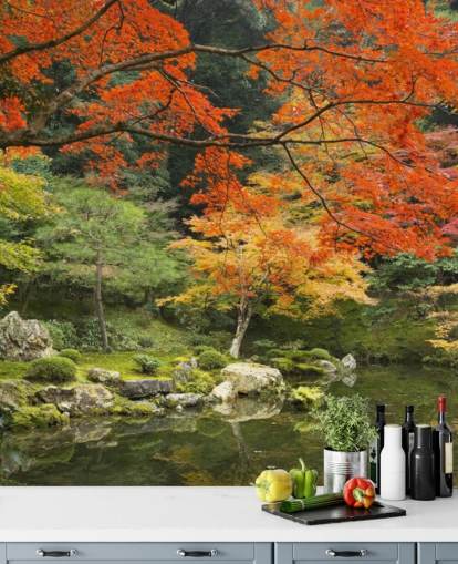 green and orange custom forest wallpaper mural called Autumn Woodland Colors for bedrooms