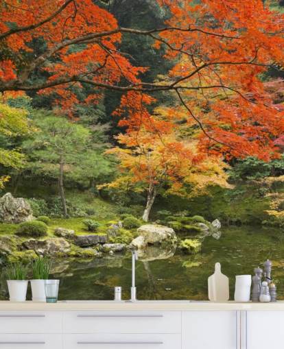 mural de papel de parede florestal personalizado em verde e laranja chamado Autumn Woodland Colors para quartos