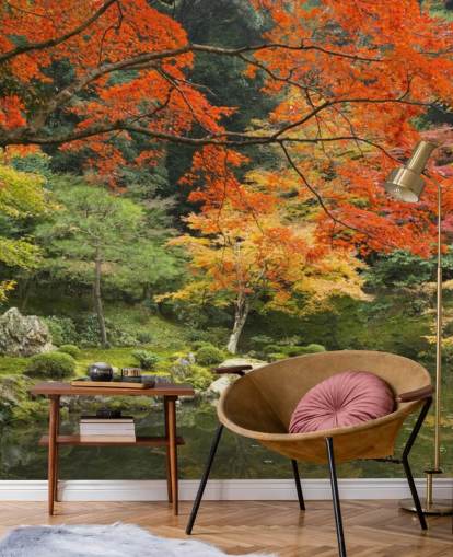 grøn og orange brugerdefineret skov tapetmaleri kaldet Autumn Woodland Colours til soveværelser