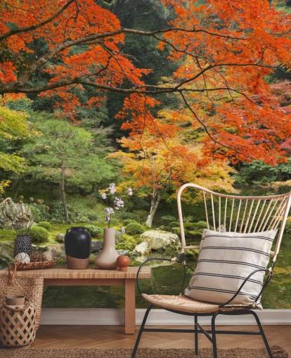 green and orange custom forest wallpaper mural called Autumn Woodland Colors for bedrooms