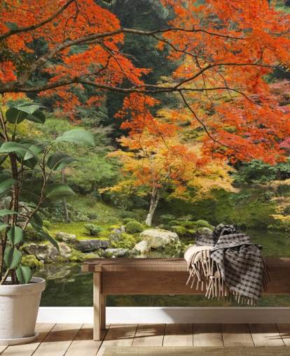 green and orange custom forest wallpaper mural called Autumn Woodland Colours for bedrooms