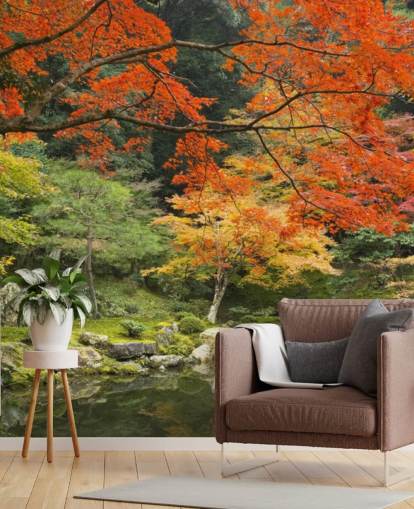 green and orange custom forest wallpaper mural called Autumn Woodland Colors for bedrooms