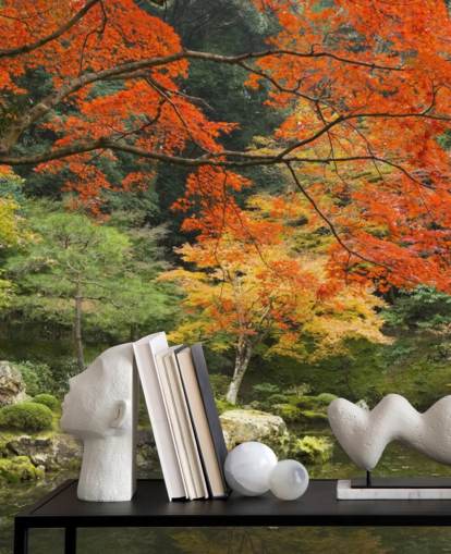 green and orange custom forest wallpaper mural called Autumn Woodland Colors for bedrooms