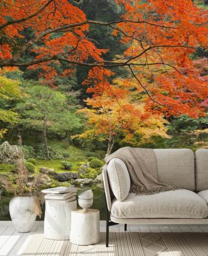 green and orange custom forest wallpaper mural called Autumn Woodland Colors for bedrooms