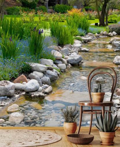 Jardín japonés relajante con papel tapiz de arroyo