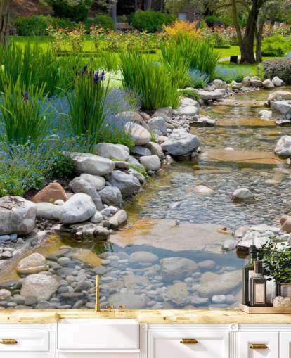 Afslappende japansk have med Brook Baggrund Afslappende japansk have med Brook Baggrund