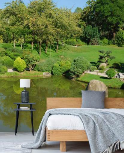 Japanese Garden with Red Bridge Wall Mural