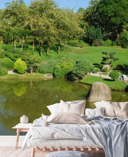 Japanese Garden with Red Bridge Wall Mural