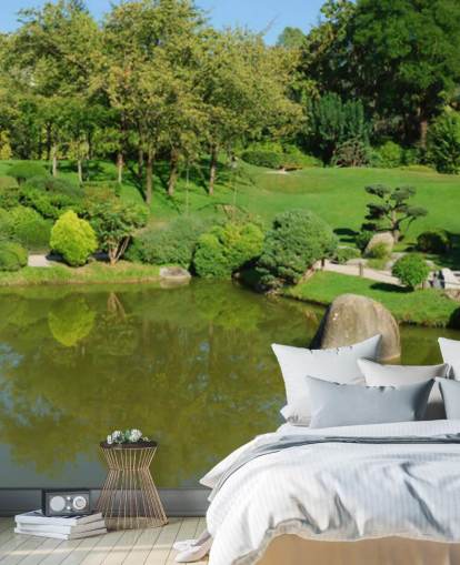 Jardim japonês com mural de parede da ponte vermelha