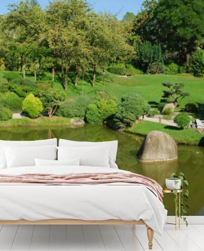 Jardim japonês com mural de parede da ponte vermelha Jardim japonês com mural de parede da ponte vermelha