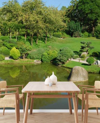 Japanese Garden with Red Bridge Wall Mural