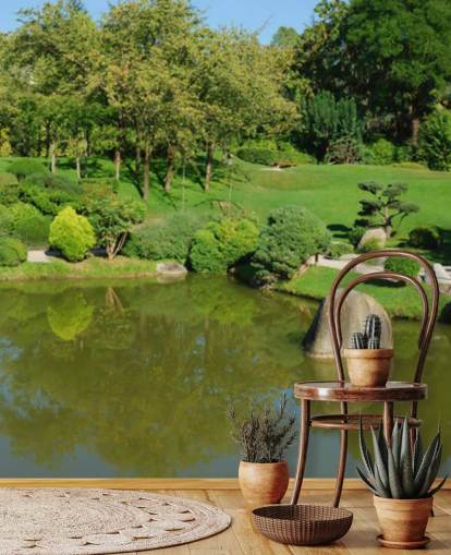 Decorazione murale con giardino giapponese e ponte rosso Decorazione murale con giardino giapponese e ponte rosso