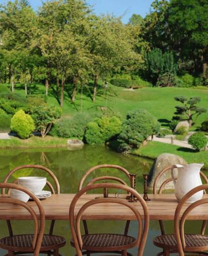 Japanese Garden with Red Bridge Wall Mural