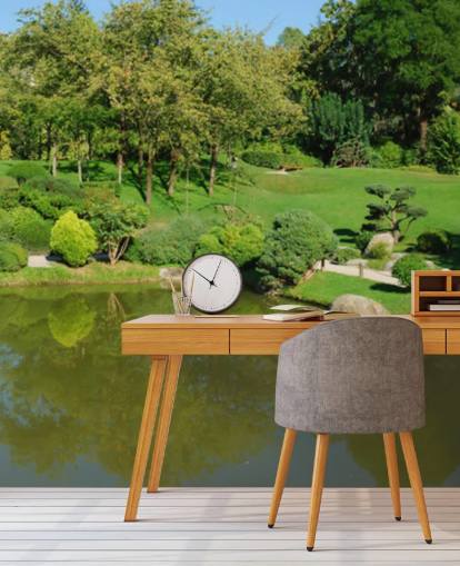 Decorazione murale con giardino giapponese e ponte rosso