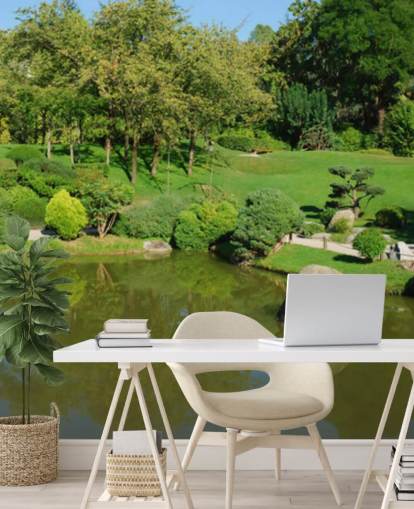 Japanse tuin met rode brug muurschildering Japanse tuin met rode brug muurschildering