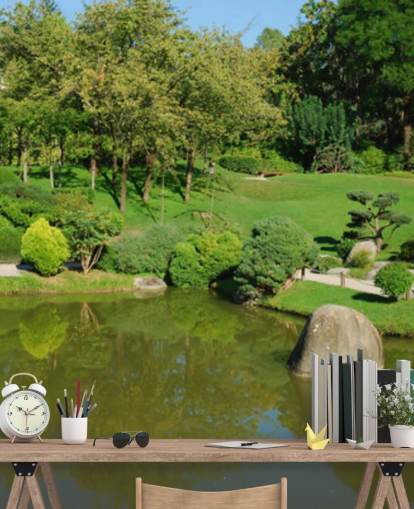 Décoration murale jardin japonais avec pont rouge