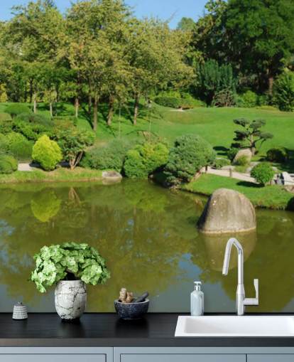 Décoration murale jardin japonais avec pont rouge