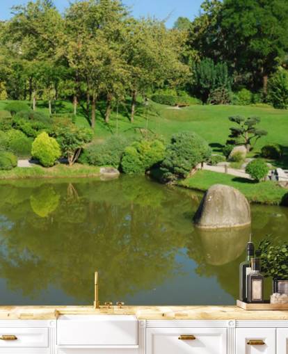 Japanse tuin met rode brug muurschildering