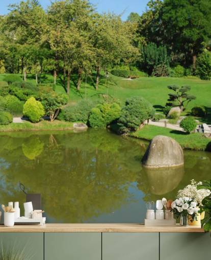 Jardim japonês com mural de parede da ponte vermelha Jardim japonês com mural de parede da ponte vermelha