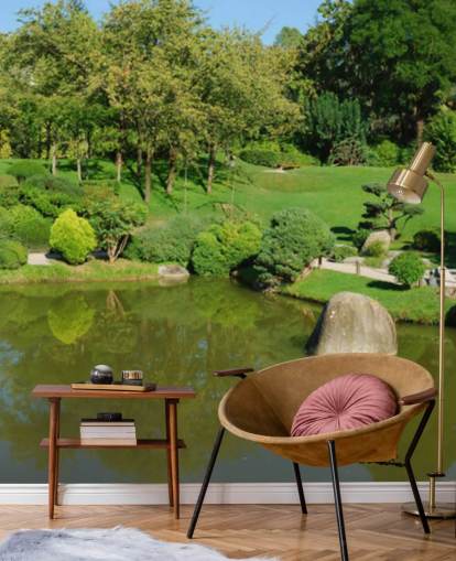 Decorazione murale con giardino giapponese e ponte rosso