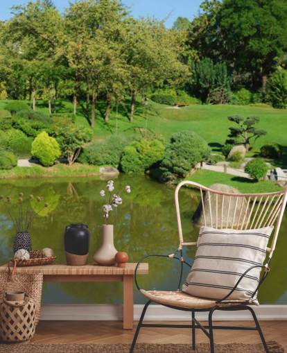 Japanese Garden with Red Bridge Wall Mural