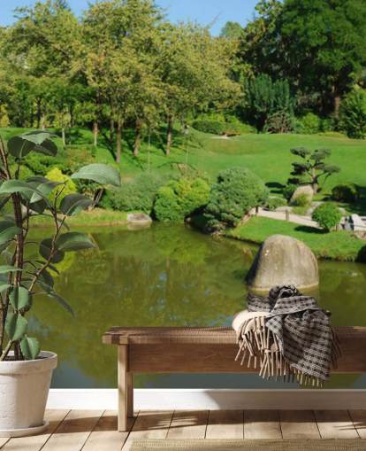 Japanese Garden with Red Bridge Wall Mural Japanese Garden with Red Bridge Wall Mural