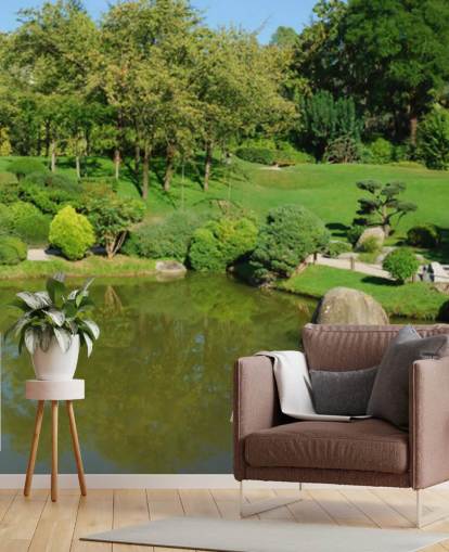 Japanese Garden with Red Bridge Wall Mural