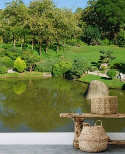 Japanse tuin met rode brug muurschildering Japanse tuin met rode brug muurschildering