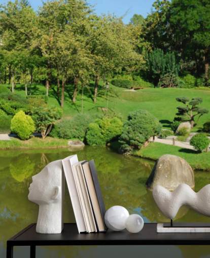 Japanese Garden with Red Bridge Wall Mural