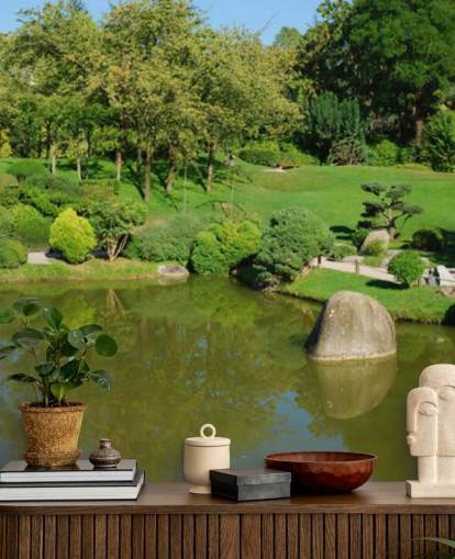 Japanse tuin met rode brug muurschildering Japanse tuin met rode brug muurschildering